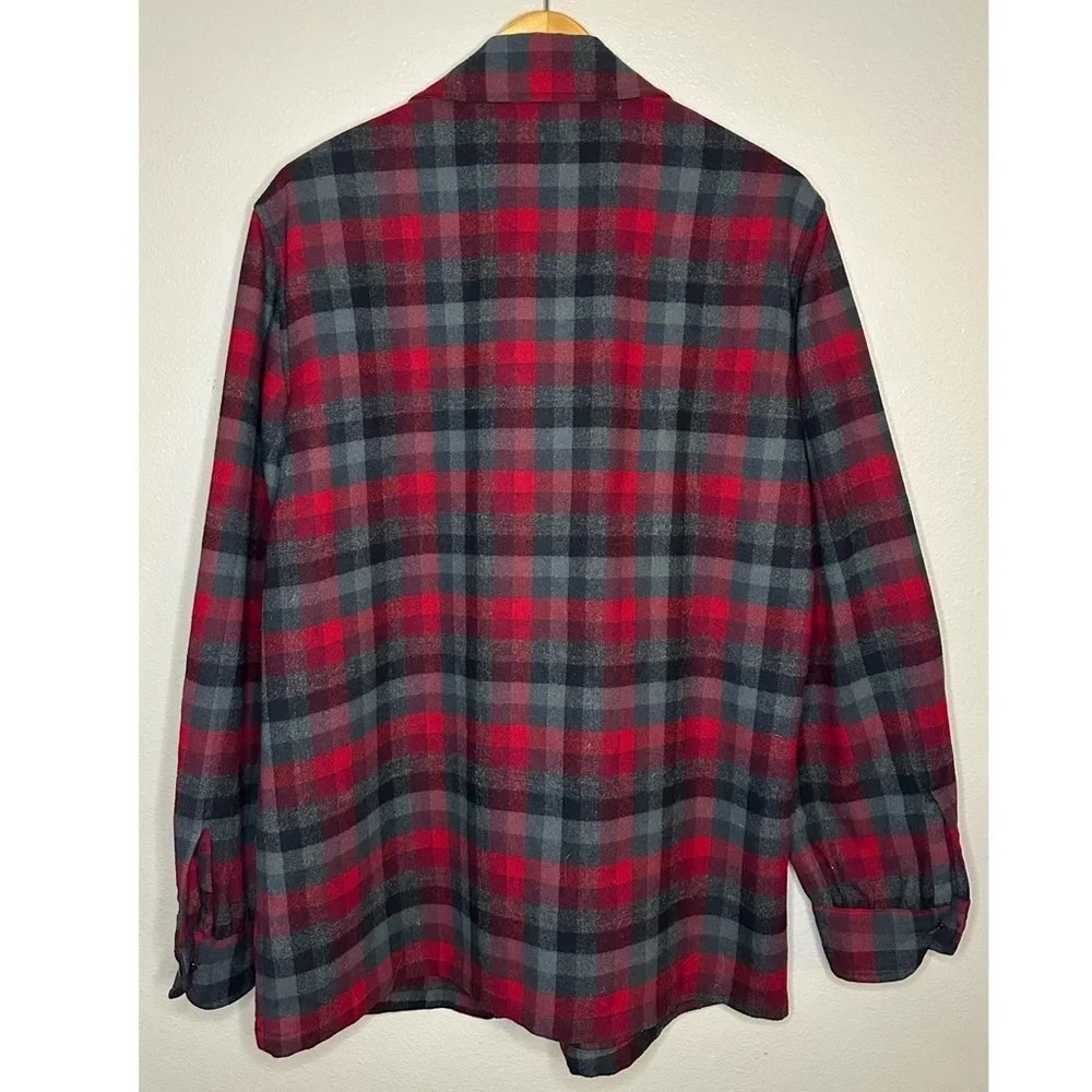 Pendleton Red Black Gray Plaid Wool Shirt Jacket Button Down Blazer Flannel